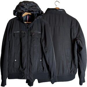 Tommy Hilfiger Hooded Bomber Jacket Men's Medium Black Full Zip Preppy Outdoor